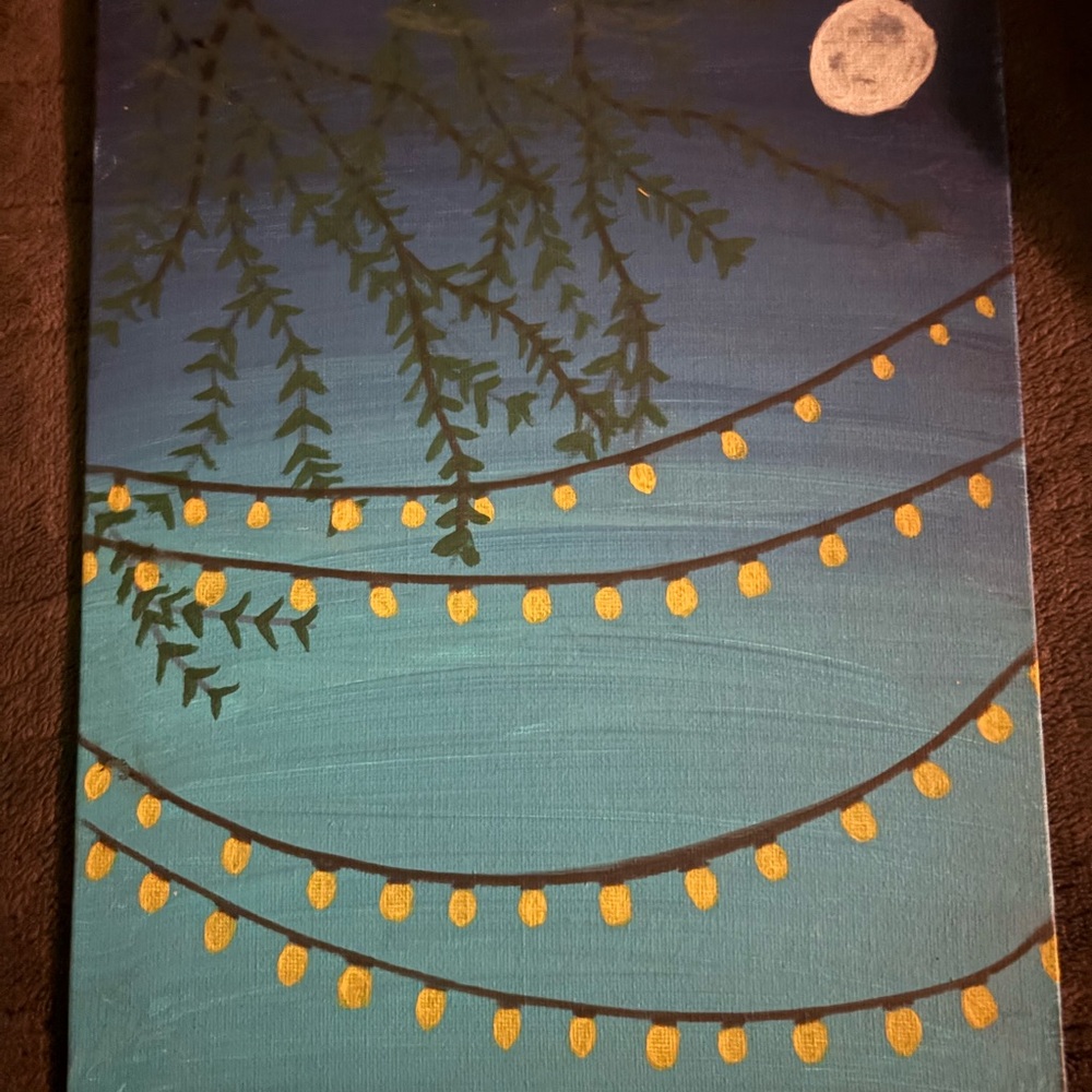 Moonlit Night Canvas Art with String Lights